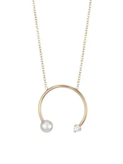 Shop Zoë Chicco 14k Yellow Gold, 4mm White Pearl & Diamond Open Circle Pendant Necklace