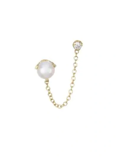 Shop Zoë Chicco 14k Yellow Gold Linked Diamond & 4mm Pearl Prong Double Hole Earring