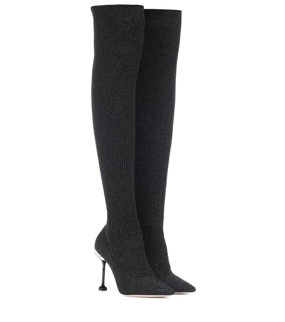 Miu Miu Ribbed Knit Over-The-Knee Boots In Black | ModeSens