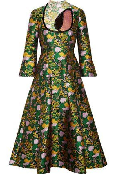 Shop Erdem Woman Flared Floral-print Jacquard Dress Green