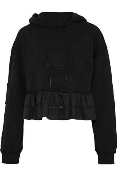 Shop Opening Ceremony Woman Embroidered French Cotton-terry Peplum Hoodie Black