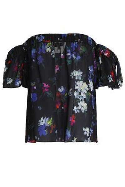 Shop Milly Mimi Off-the-shoulder Floral-print Silk Top In Black