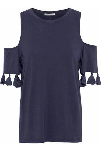 Shop Rebecca Minkoff Woman Cold-shoulder Tasseled Stretch-knit Top Indigo
