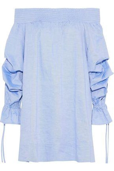 Shop Rebecca Minkoff Woman Nicola Off-the-shoulder Gathered Cotton-chambray Top Light Blue