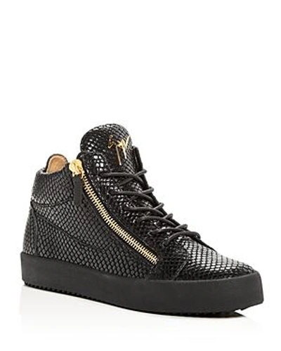 Shop Giuseppe Zanotti Men's Snake-embossed Leather Mid Top Sneakers In Nero