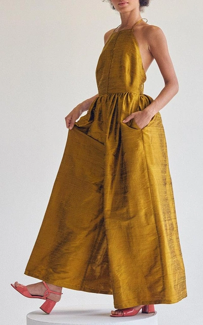 Shop Christine Alcalay Wide-leg Silk Jumpsuit In Gold