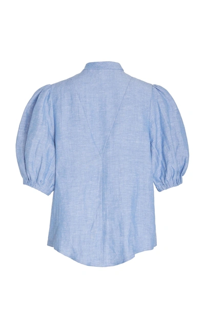 Shop Christine Alcalay Linen Blend 3/4 Sleeve Top In Blue