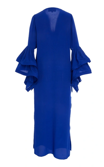 Shop Leal Daccarett Cienaga Ruffle Sleeve Silk Caftan In Blue