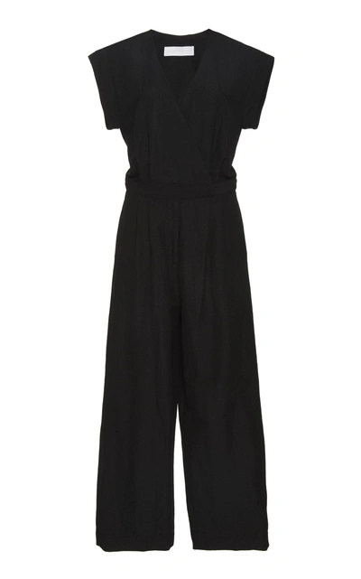 Shop Christine Alcalay Square Neck Linen Blend Wide-leg Jumpsuit In Black