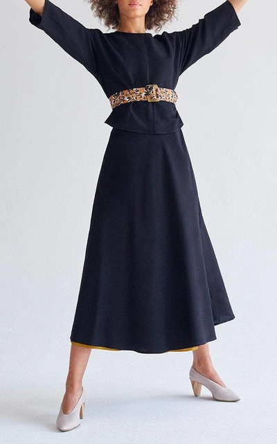 Shop Christine Alcalay Linen Blend Midi Skirt In Black