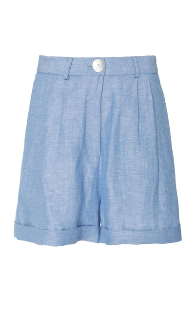 Shop Christine Alcalay Linen Blend Mini Shorts In Blue