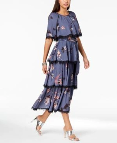 Shop Avec Les Filles Floral-printed Tiered Lace-trim Capelet Maxi Dress In Blue Multi