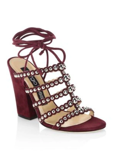 Shop Sergio Rossi Elettra Studded Suede Block Heel Sandals In Cherry