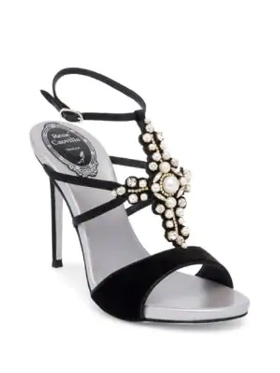 Shop René Caovilla Velvet T-strap Sandals In Black