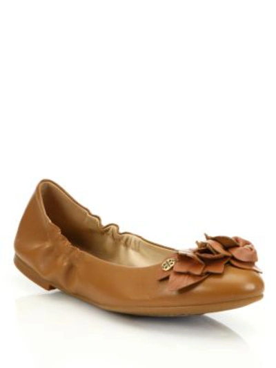 Shop Tory Burch Blossom Leather Ballet Flats In Royal Tan