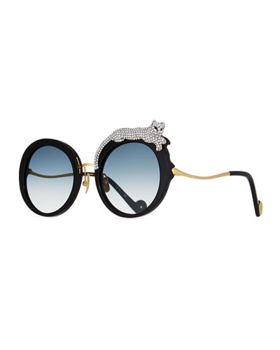 Shop Anna-karin Karlsson Rose Et La Roue Round Crystal-embellished Leopard Sunglasses In Black