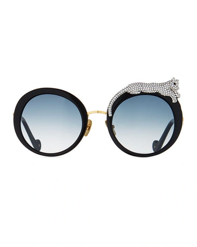 Shop Anna-karin Karlsson Rose Et La Roue Round Crystal-embellished Leopard Sunglasses In Black