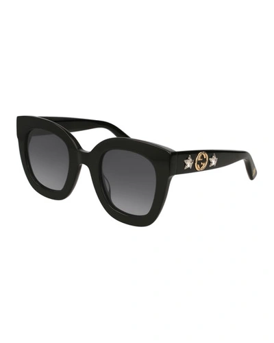 Shop Gucci Rectangle Acetate Gg Sunglasses W/ Crystal Stars, Brown Pattern In Black