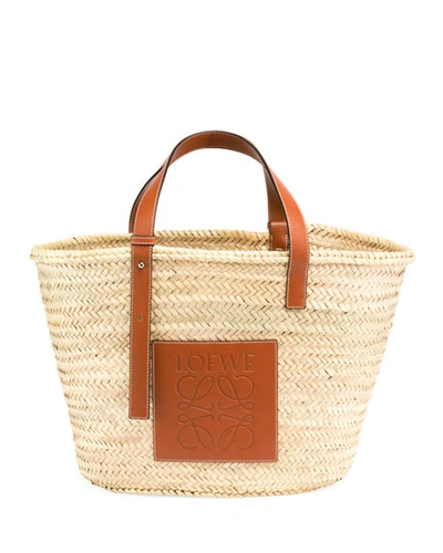 Shop Loewe Basket Bag In Palm Leaf With Leather Handles In Tan