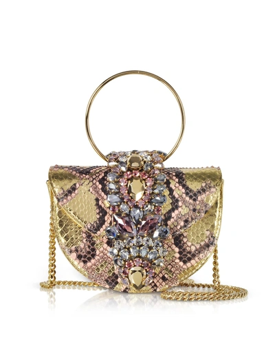 Shop Gedebe Mini Brigitte Pink Gold Python Clutch W/crystals And Chain Strap