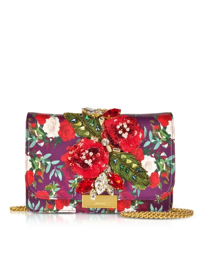 Shop Gedebe Cliky Red Burgundy Nappa Printed Roses Clutch W/crystals And Chain Strap