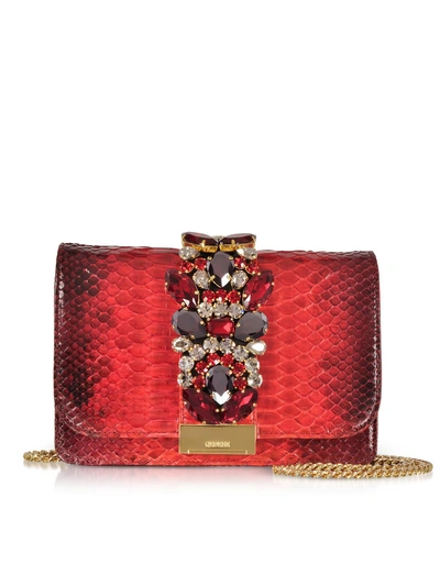 Shop Gedebe Cliky Red Shadow Python Clutch W-crystals And Chain Strap