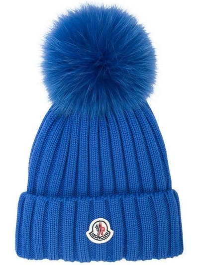 Shop Moncler Pompom Embellished Logo Beanie - Blue