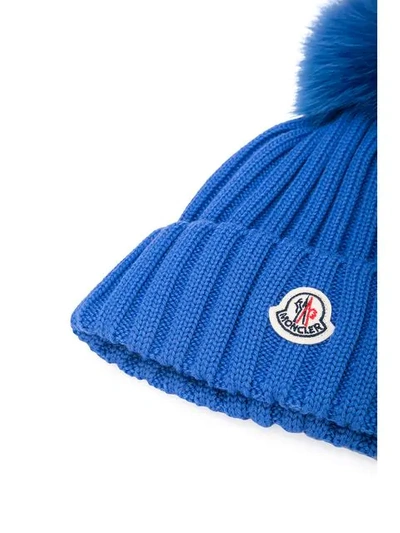 Shop Moncler Pompom Embellished Logo Beanie - Blue