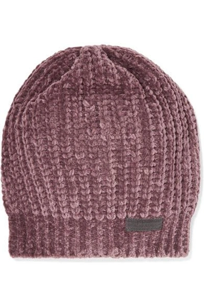 Shop Brunello Cucinelli Bead-embellished Ribbed Cashmere-blend Beanie In Antique Rose