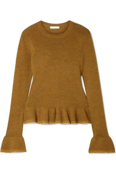 Shop See By Chloé Ruffled Crochet-trimmed Wool Sweater In Brown