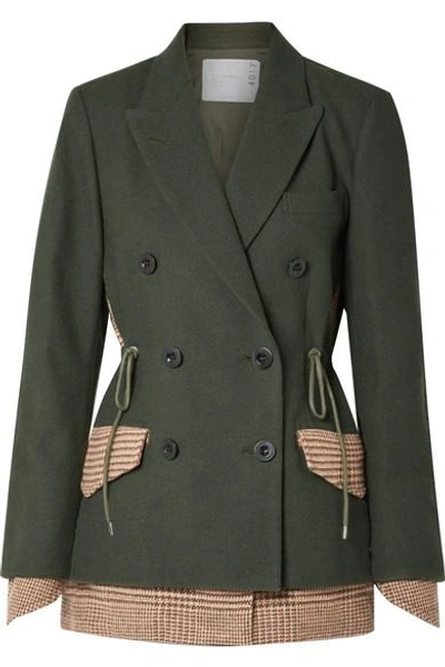 Shop Sacai Piqué And Houndstooth Wool Blazer In Army Green