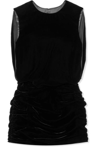 Shop Saint Laurent Ruched Velvet Mini Dress In Black