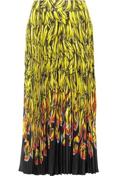 Shop Prada Pleated Printed Crepe De Chine Midi Skirt In Yellow