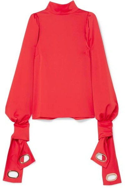 Shop Self-portrait Tie-detailed Satin Blouse In Red