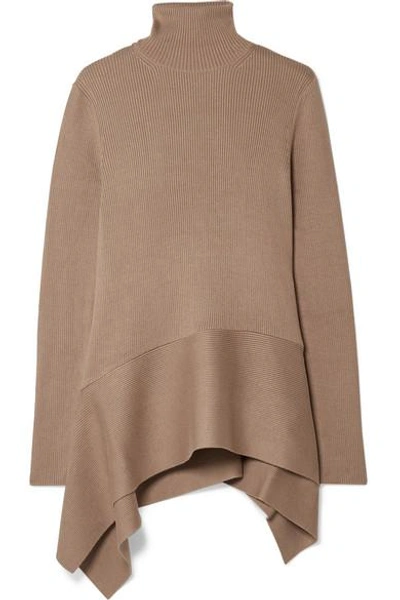Shop Adeam Asymmetric Ribbed Silk-blend Turtleneck Sweater In Brown