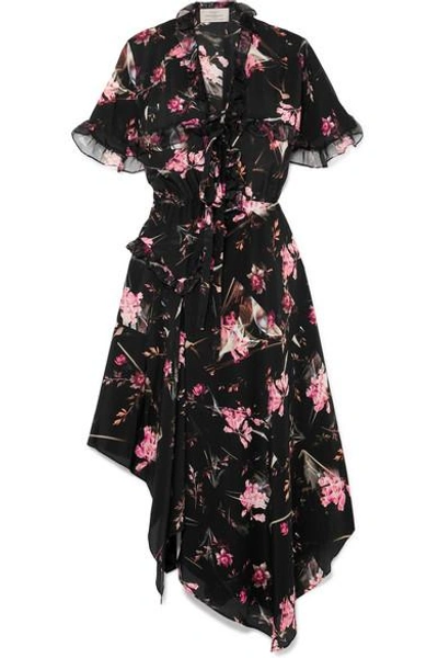 Shop Preen By Thornton Bregazzi Clara Floral-print Silk-chiffon Midi Dress In Black