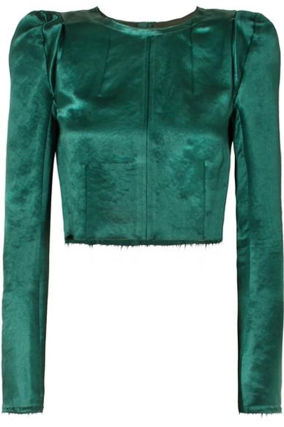 Shop Ann Demeulemeester Cropped Frayed Cotton-blend Satin Top In Green