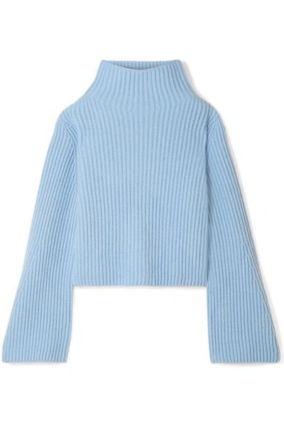 Shop Stella Mccartney Ribbed Cashmere And Wool-blend Turtleneck Sweater In Light Blue