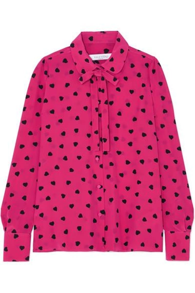 Shop Valentino Pussy-bow Printed Silk Blouse In Bright Pink