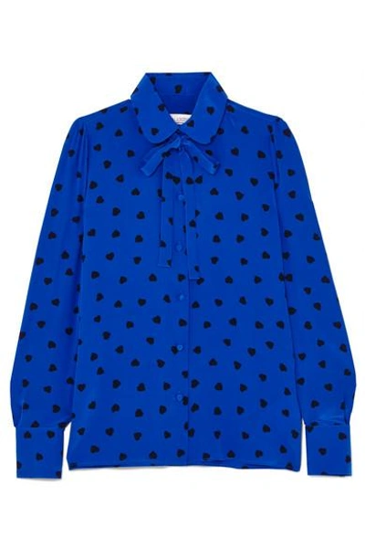 Shop Valentino Pussy-bow Printed Silk Blouse In Blue