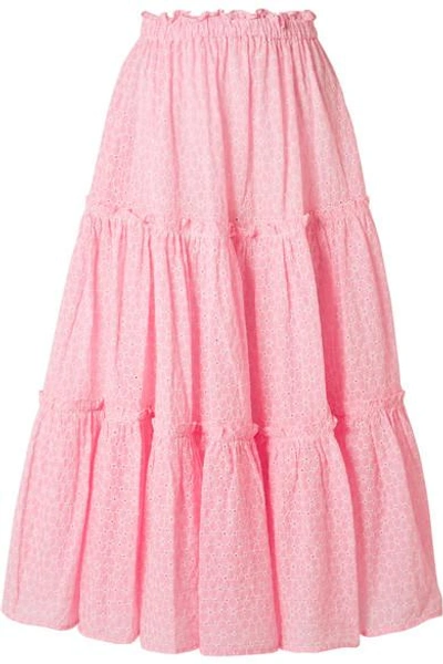 Shop Lisa Marie Fernandez Ruffled Broderie Anglaise Cotton Midi Skirt In Baby Pink