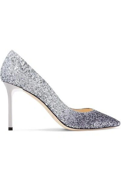 Shop Jimmy Choo Romy 85mm Dégradé Glittered Leather Pumps In Silver