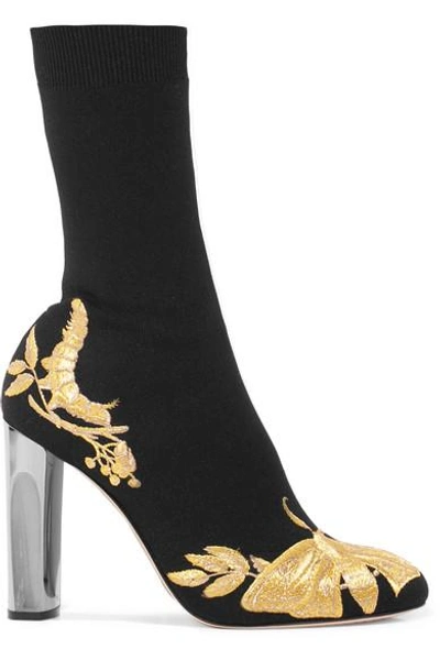 Shop Alexander Mcqueen Embroidered Stretch-knit Sock Boots In Black