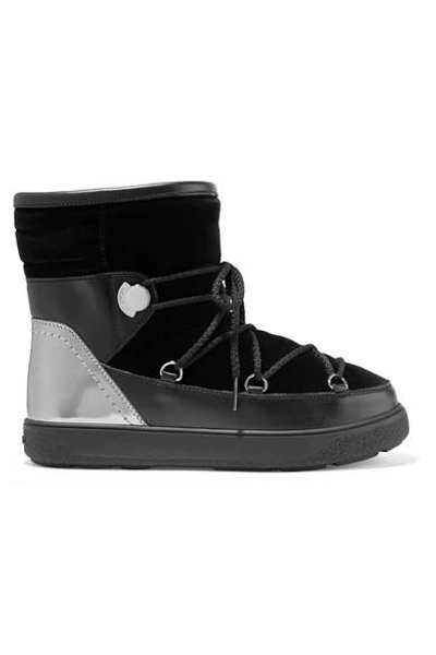 Shop Moncler Stephanie Leather-trimmed Velvet Boots In Black