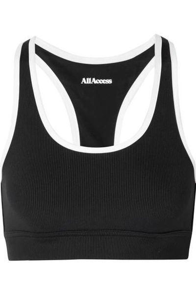 Shop All Access Front Row Two-tone Ribbed Stretch Sports Bra In Black