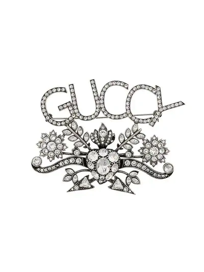 Shop Gucci Metallic Guccy Crystal Brooch