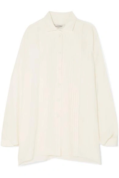 Shop Valentino Pleated Silk-satin Blouse In White