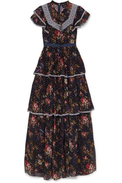 Shop Needle & Thread Winter Forest Broderie Anglaise-trimmed Printed Fil Coupé Chiffon Gown In Navy