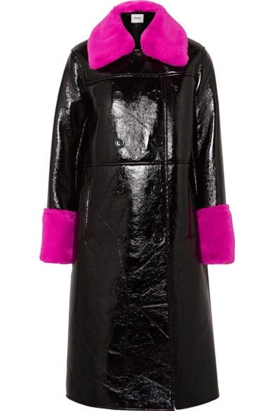 Shop Stand Studio Bernadette Faux Fur-trimmed Crinkled-vinyl Coat In Black