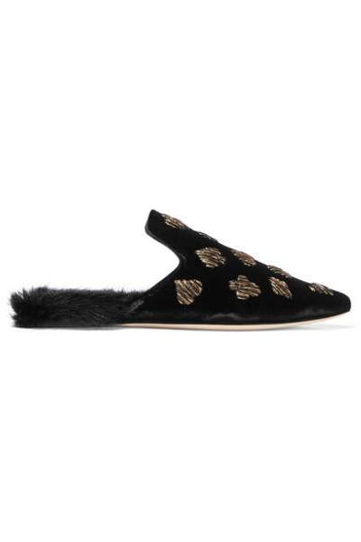 Shop Sanayi313 Scopone Faux Fur-lined Embroidered Velvet Slippers In Black